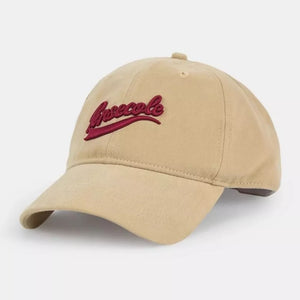 Khaki washed cotton baseball cap with embroidered burgundy script logo