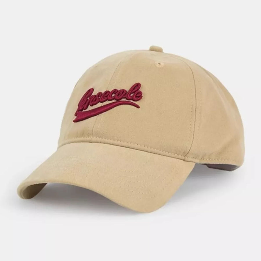 Khaki washed cotton baseball cap with embroidered burgundy script logo