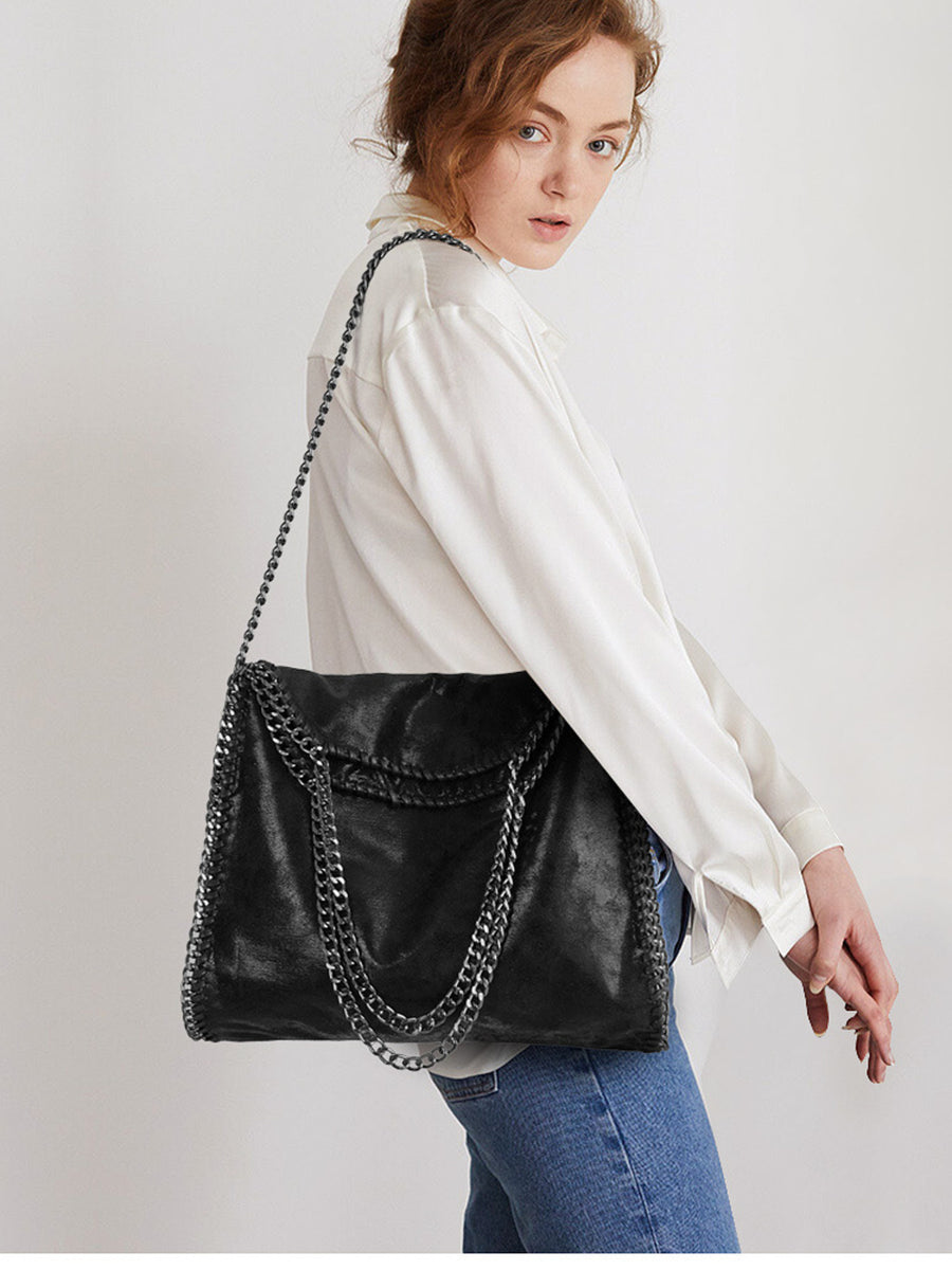 Chain-Trimmed PU Leather Shoulder Bag in black with chain trim