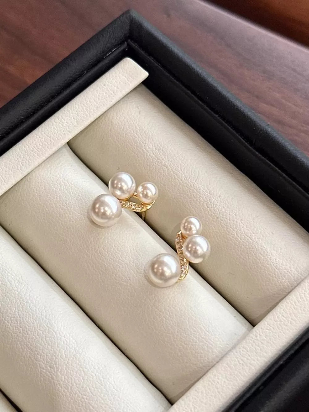 Elegant gold pearl cluster earrings with small diamonds