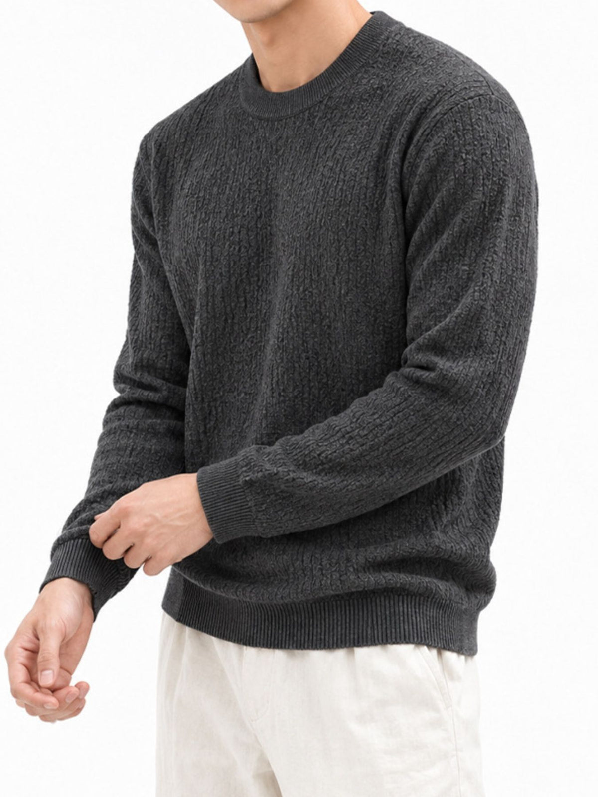 Dark Gray crewneck sweater featuring plus-size and textured