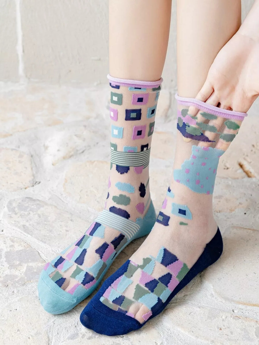 lavender socks featuring sheer and geometric