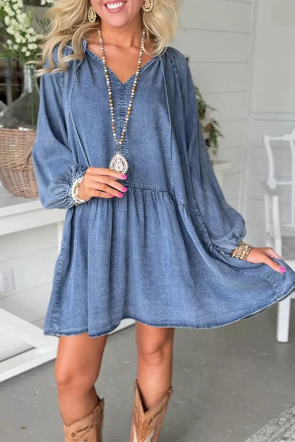 Dusty Blue mini dress with mini and tie