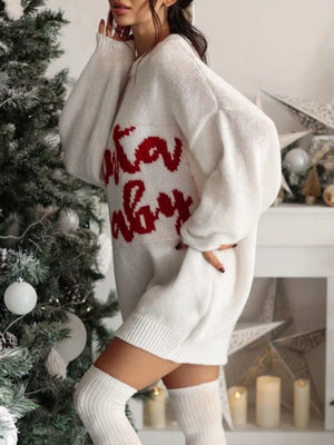 White oversized sweater dress with red holiday graphic, acrylic blend, long sleeves