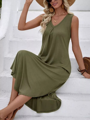 Sleeveless V-neck midi dress in army green cotton with subtle front pleats.