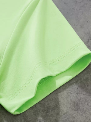 Lime green t-shirt with short sleeves and double-stitched hem detail.