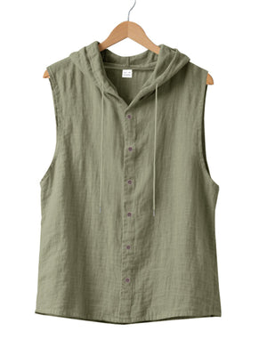 Men's sleeveless hooded shirt in Military Green cotton with button front and drawstring hood.