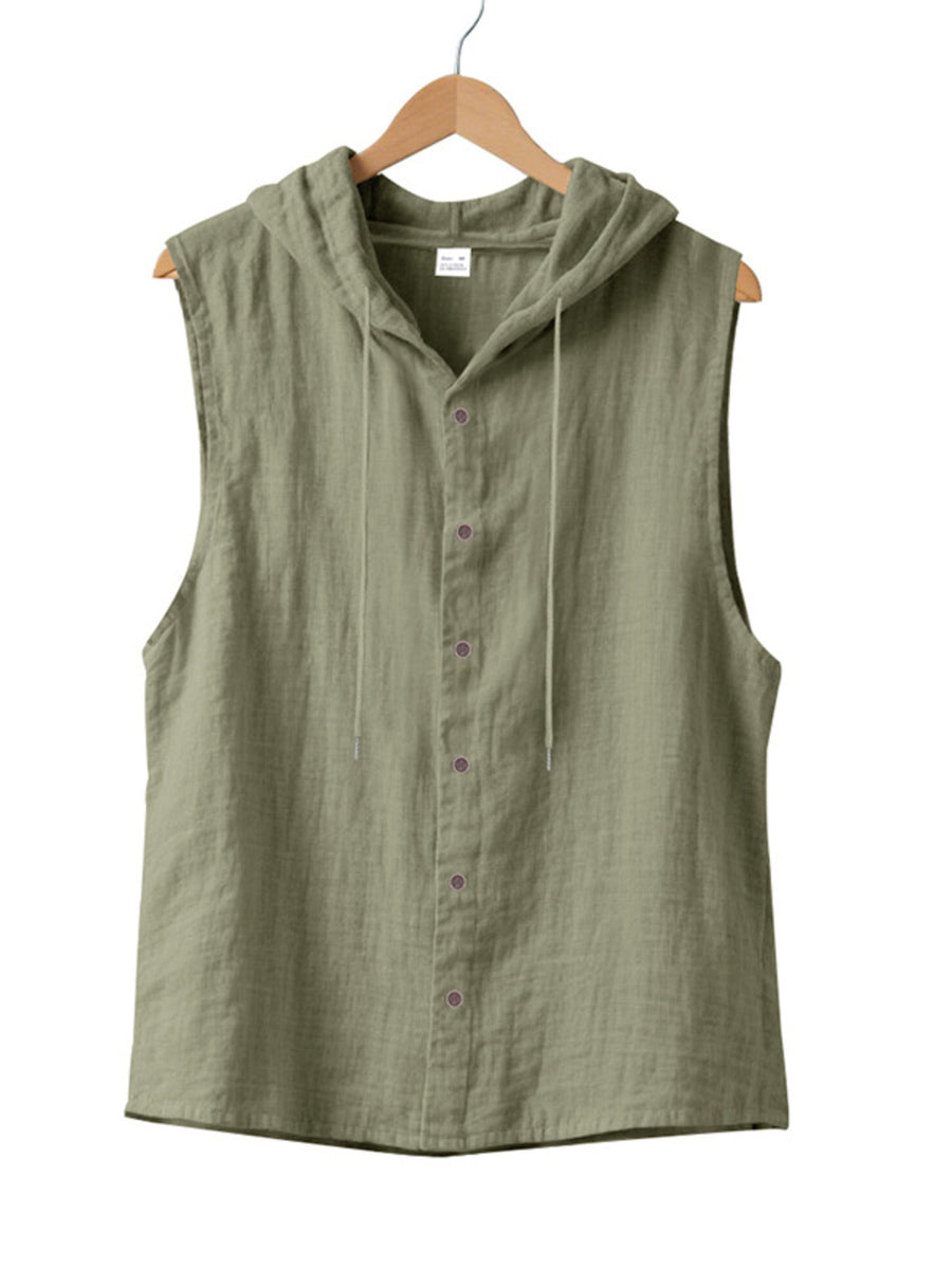 Men's sleeveless hooded shirt in Military Green cotton with button front and drawstring hood.