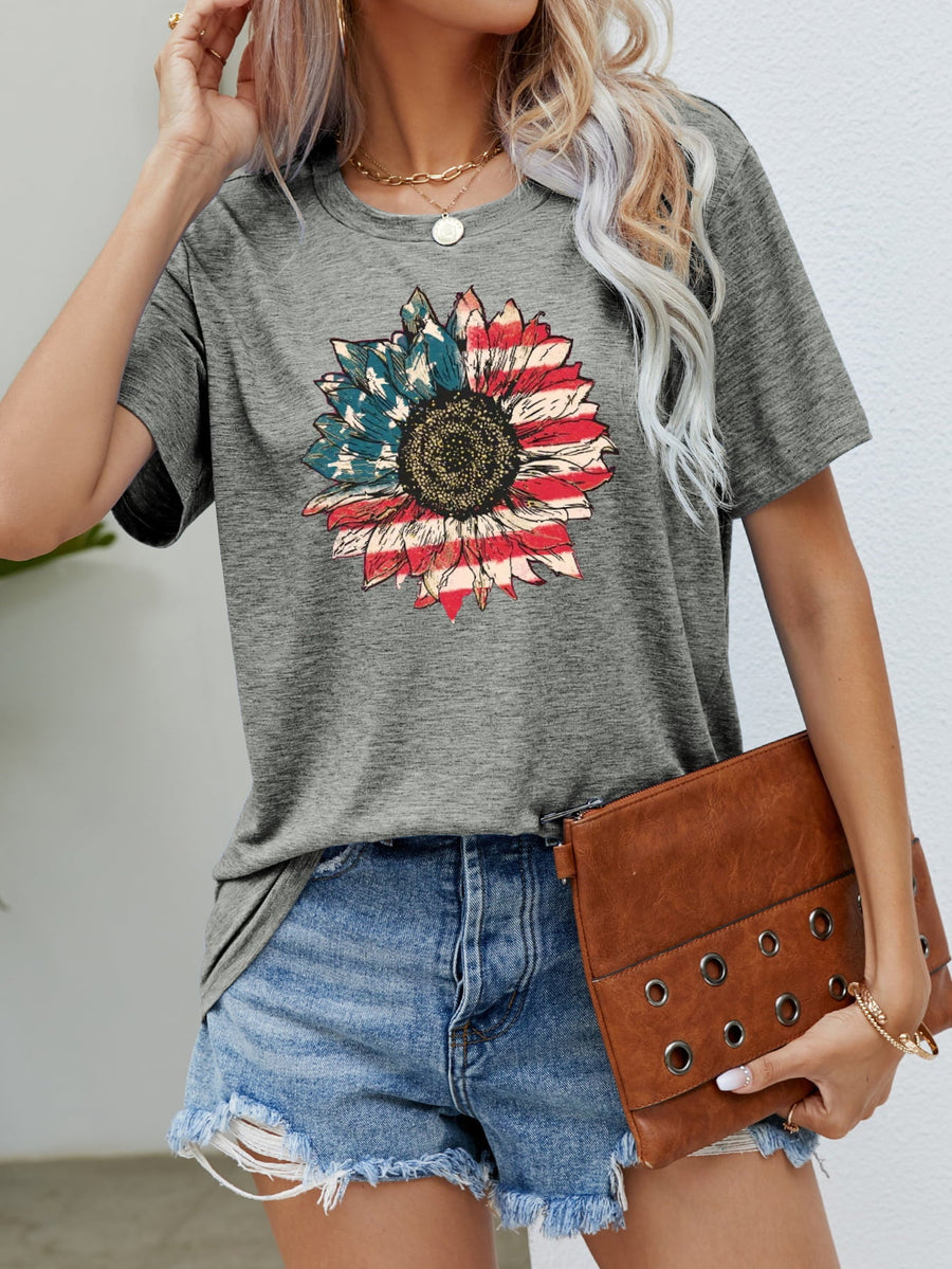 Mid Gray T-shirt with American flag sunflower graphic, crew neck, short sleeves.