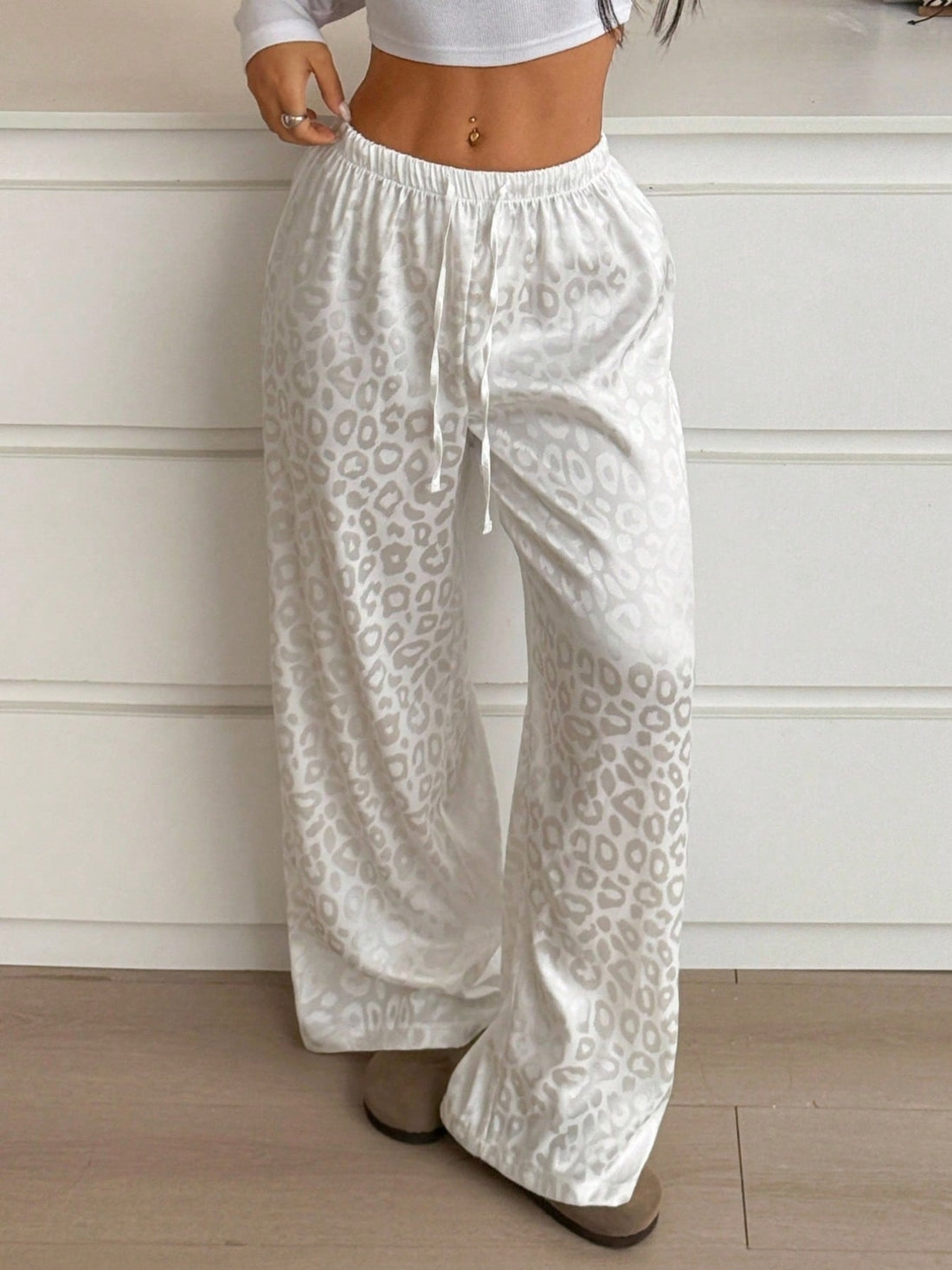 Wide leg leopard print loungewear pants with drawstring waist