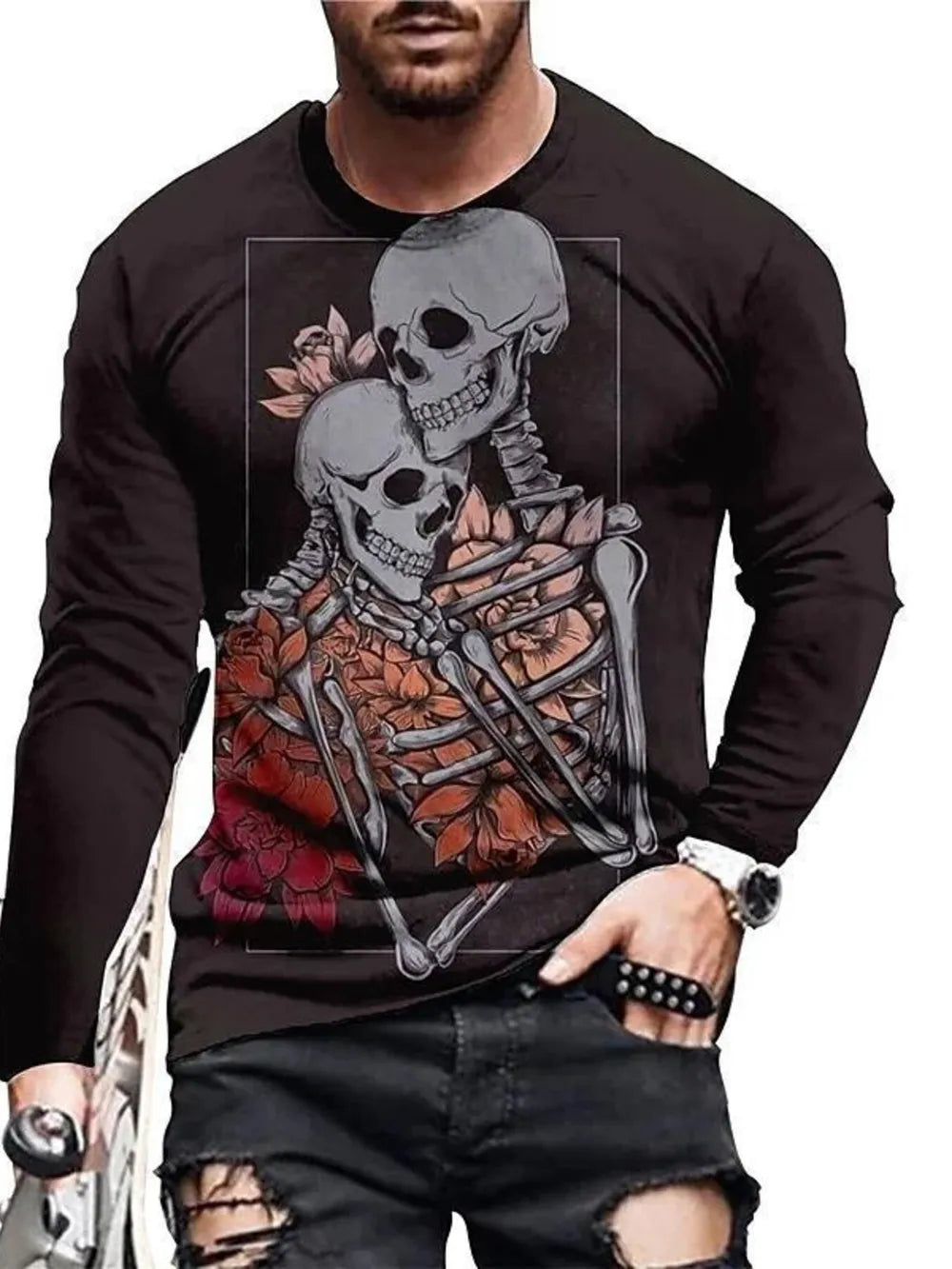 Chartreuse Men's Skeleton Embrace Long Sleeve T-shirt Plus Size
