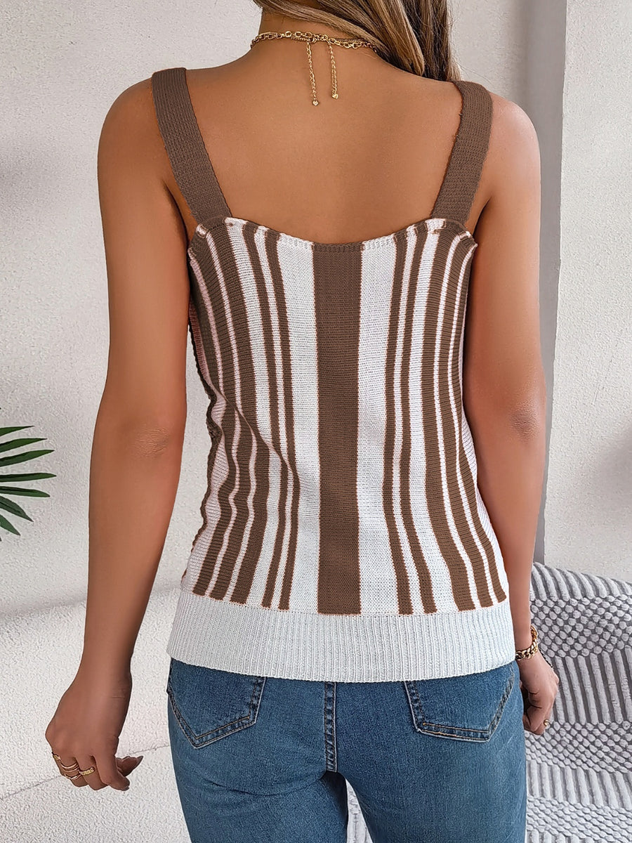 Crochet stripe tank top in mocha and white with a sweetheart neckline and button front detail.