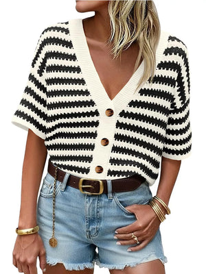 Cropped button-down knit cardigan with black and white stripes and a V-neck.