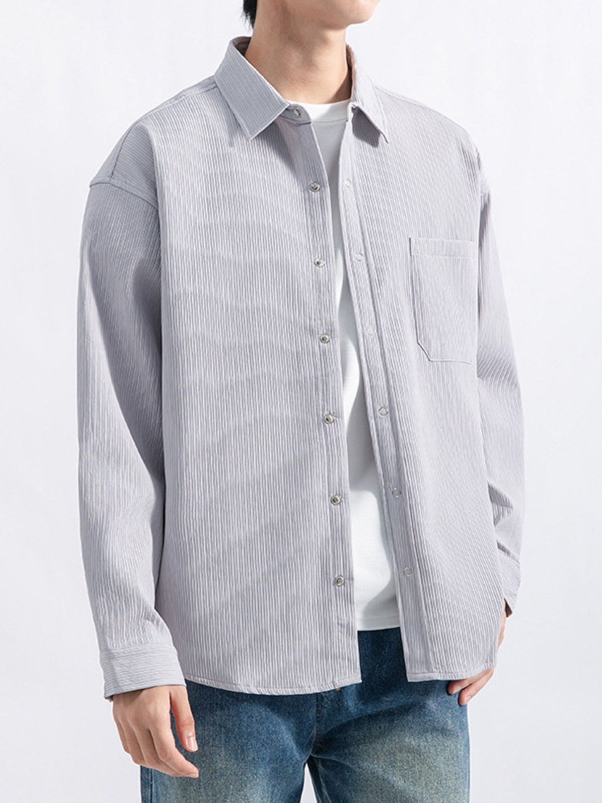Light Gray button-down shirt with button cuffs and long sleeve