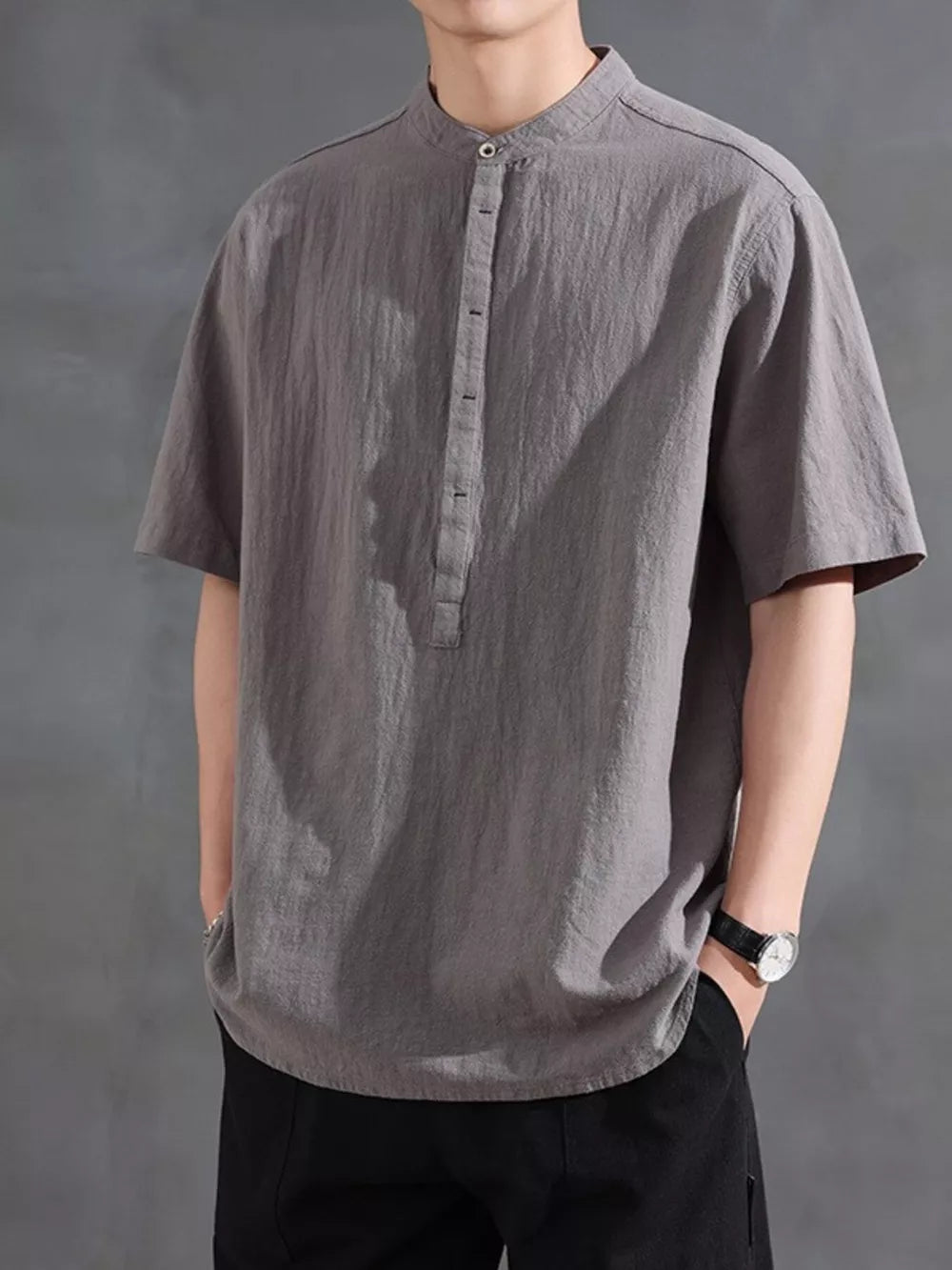 Grey cotton band collar short sleeve shirt with button placket