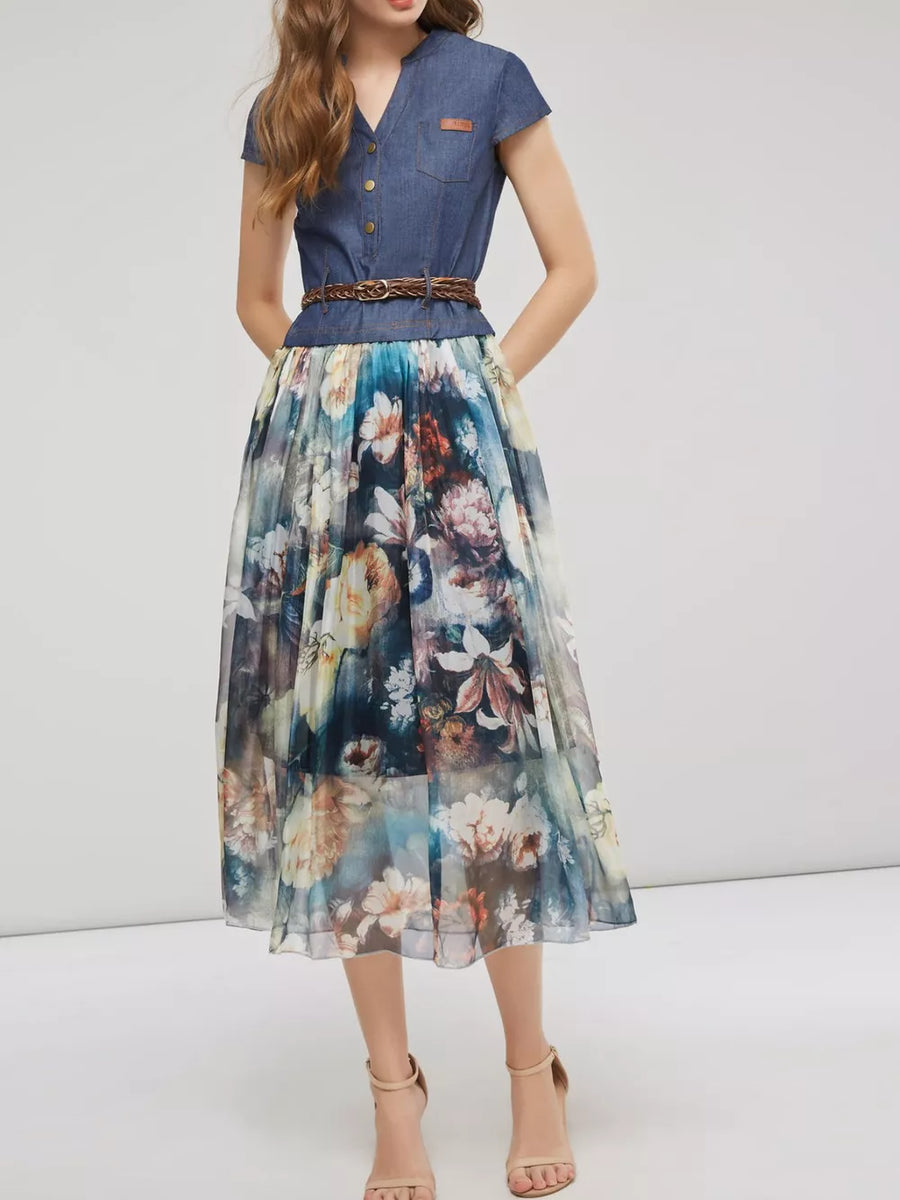 Blue denim button-down midi dress with a patchwork floral chiffon maxi skirt.
