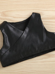 Toddler black faux leather cropped vest with crossover neckline