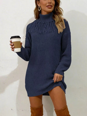 Full Size Turtleneck Fringe Sweater Dress in Light Blue