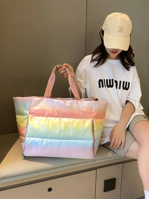 Prismatic padded tote bag with side zip and pastel rainbow stripes