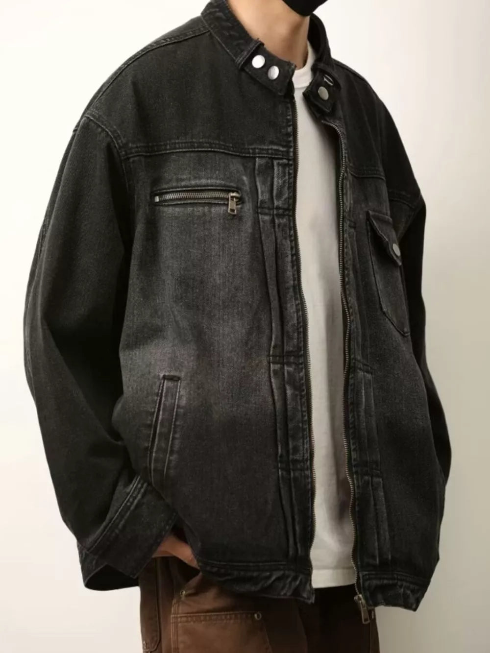 denim jacket in charcoal featuring oversized and oversized fit