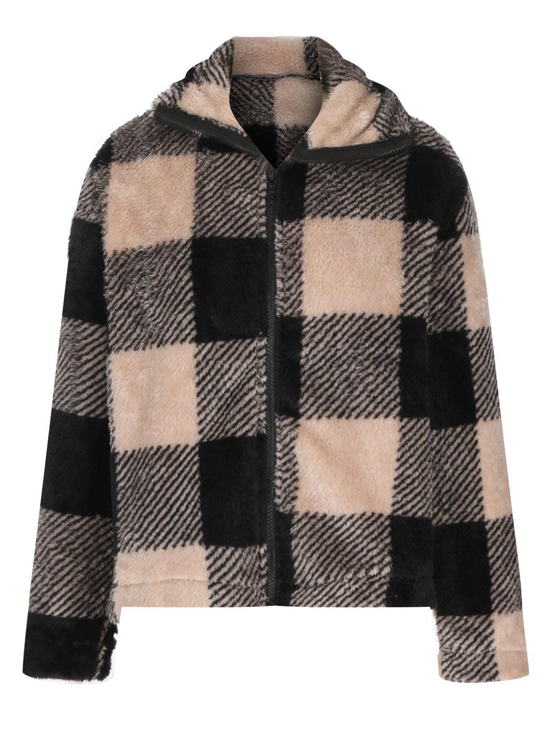 Fluffy plaid zip-up shacket in tan and black with a fuzzy texture and collared neckline.