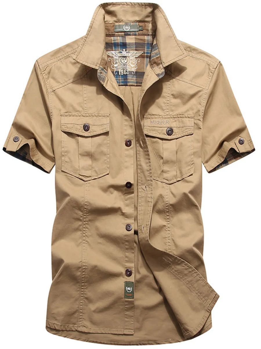 button-up shirt in khaki featuring buttoned and regular fit