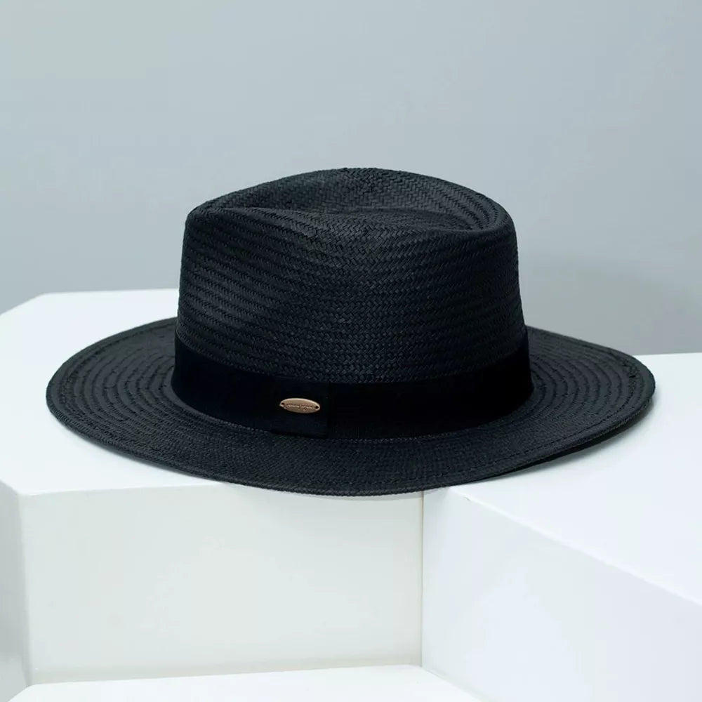Black woven boater sun hat with black ribbon band and oval detail