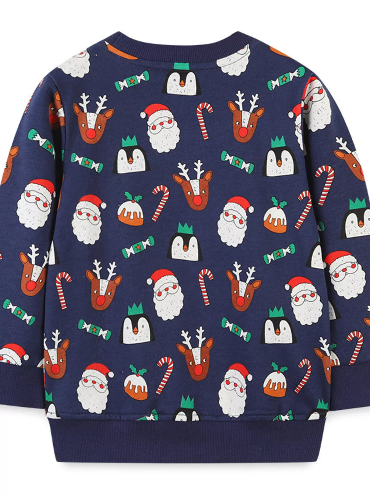 Children's dark navy crew neck sweatshirt with allover Christmas print of Santa, reindeer, penguins, candy canes, and
