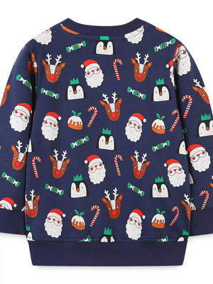 Children's dark navy crew neck sweatshirt with allover Christmas print of Santa, reindeer, penguins, candy canes, and