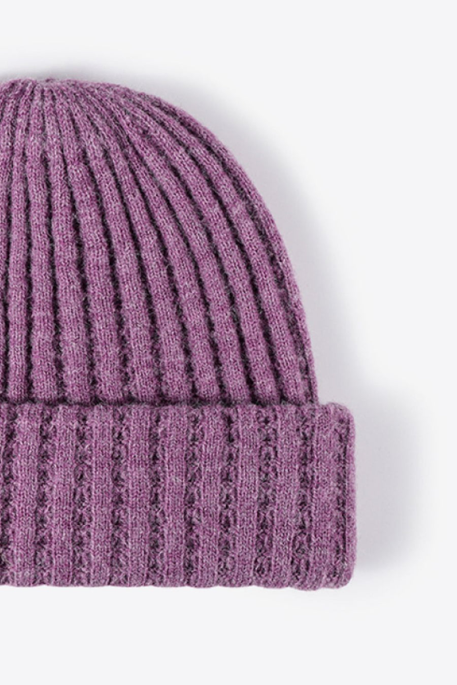 Purple acrylic ribbed knit beanie with textured cuff