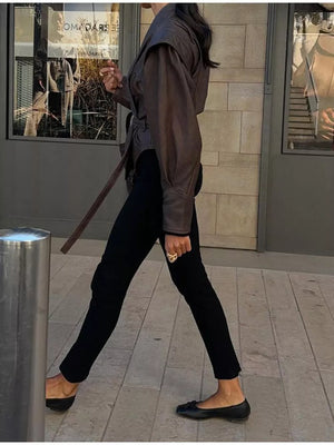 Belted Leather Jacket With Shawl Collar in Dark Brown