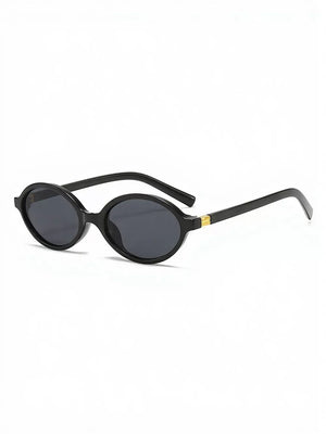 Black oval frame sunglasses with gold accents on the temples.