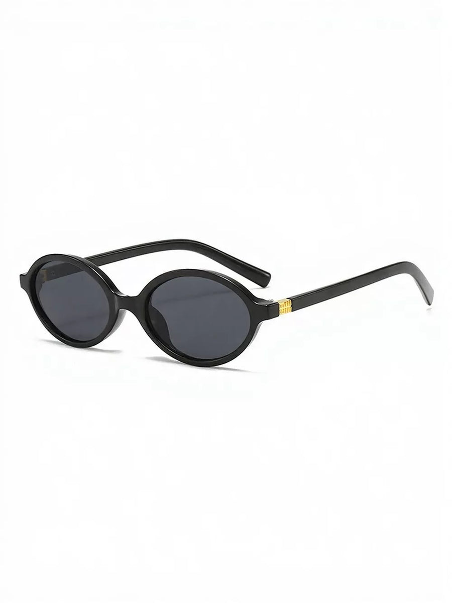 Black oval frame sunglasses with gold accents on the temples.