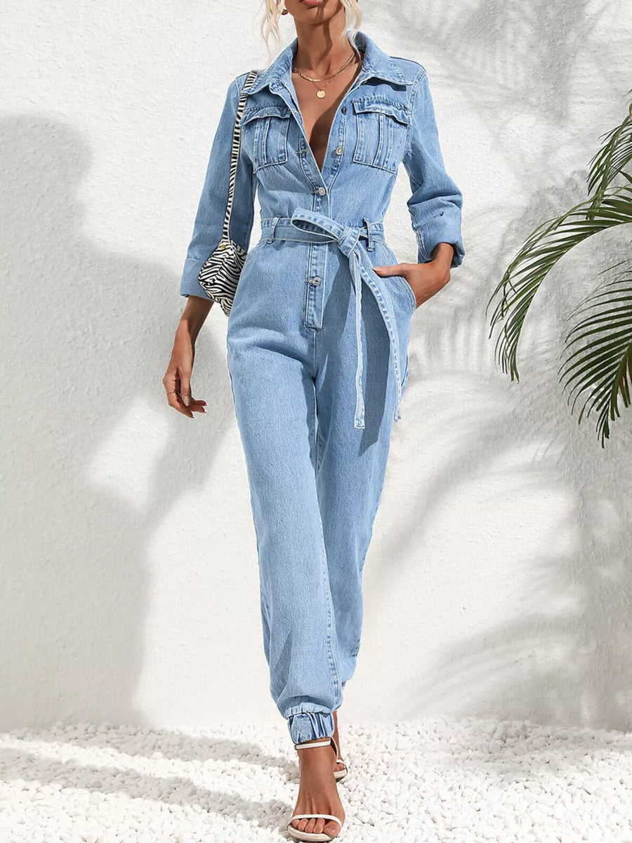 Button Front Belt Denim Jumpsuit option 4