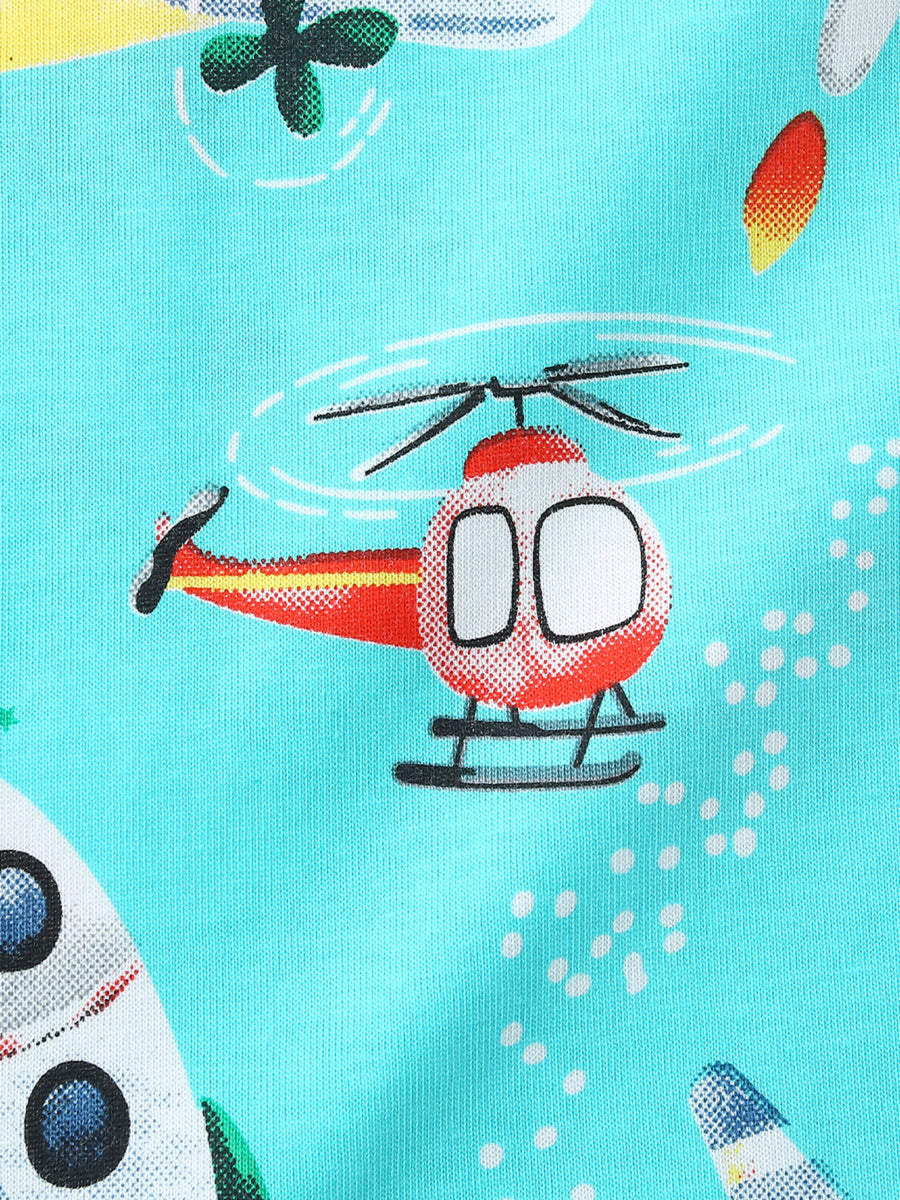 Blue cotton t-shirt with playful aviation print featuring helicopters and planes.