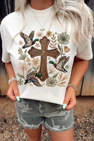 cream t-shirt with graphic print and crew neck