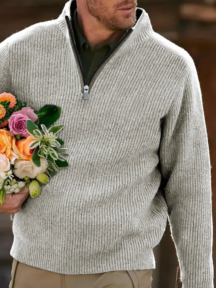 Textured ribbed quarter-zip sweater in gray with a quarter-zip neckline and mock neck.