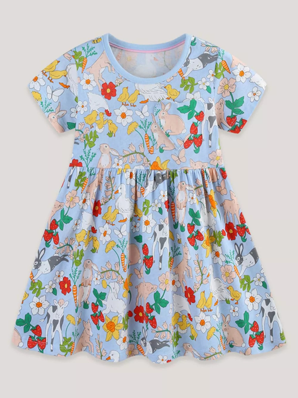 Light blue cotton toddler dress with a charming cartoon animal and floral print.