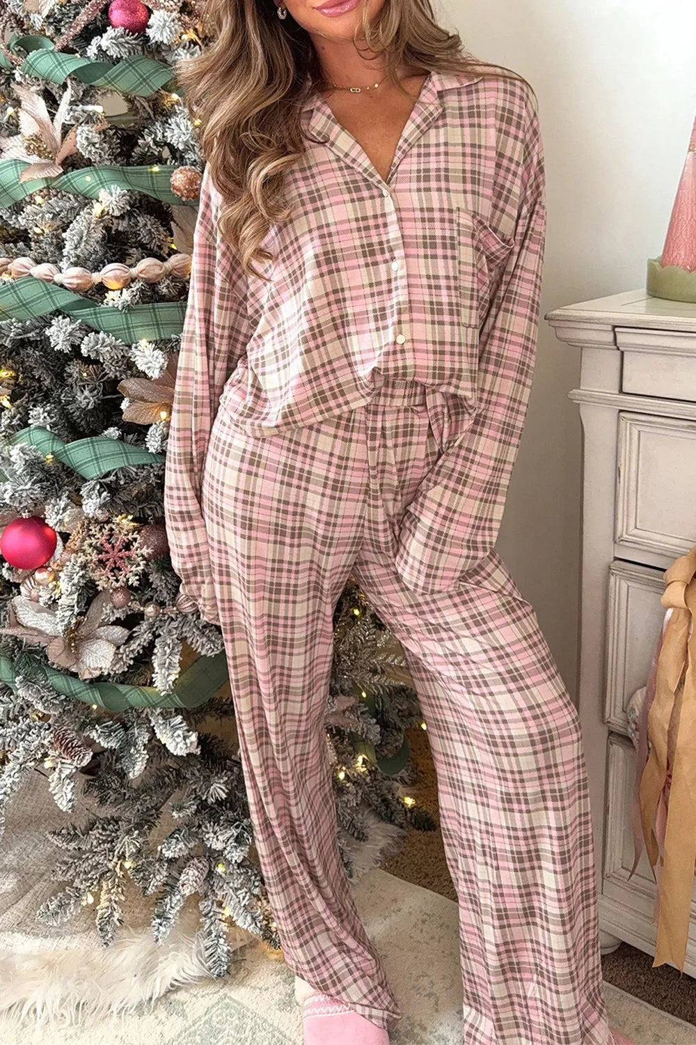 pink pajama set with plaid and collared
