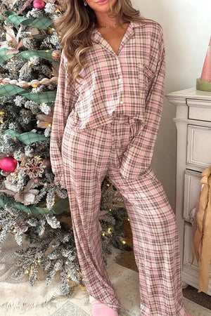 pink pajama set with plaid and collared