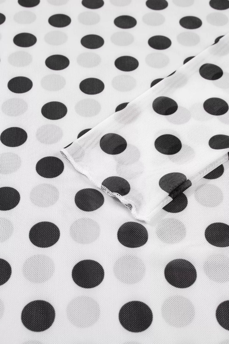 White polka dot mesh mock neck shirt with sheer fabric and long sleeves.