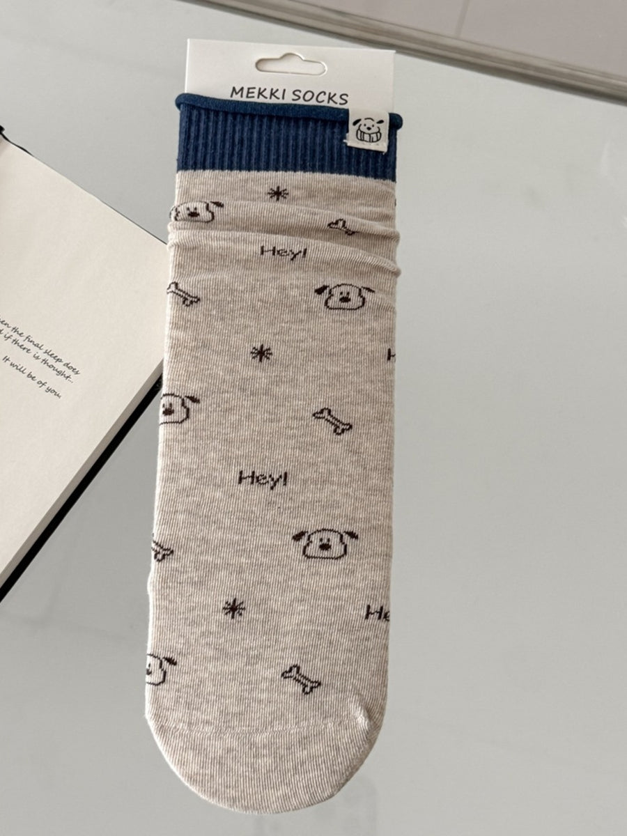 Cartoon Print Cotton Crew Socks in Black with ribbed cuff