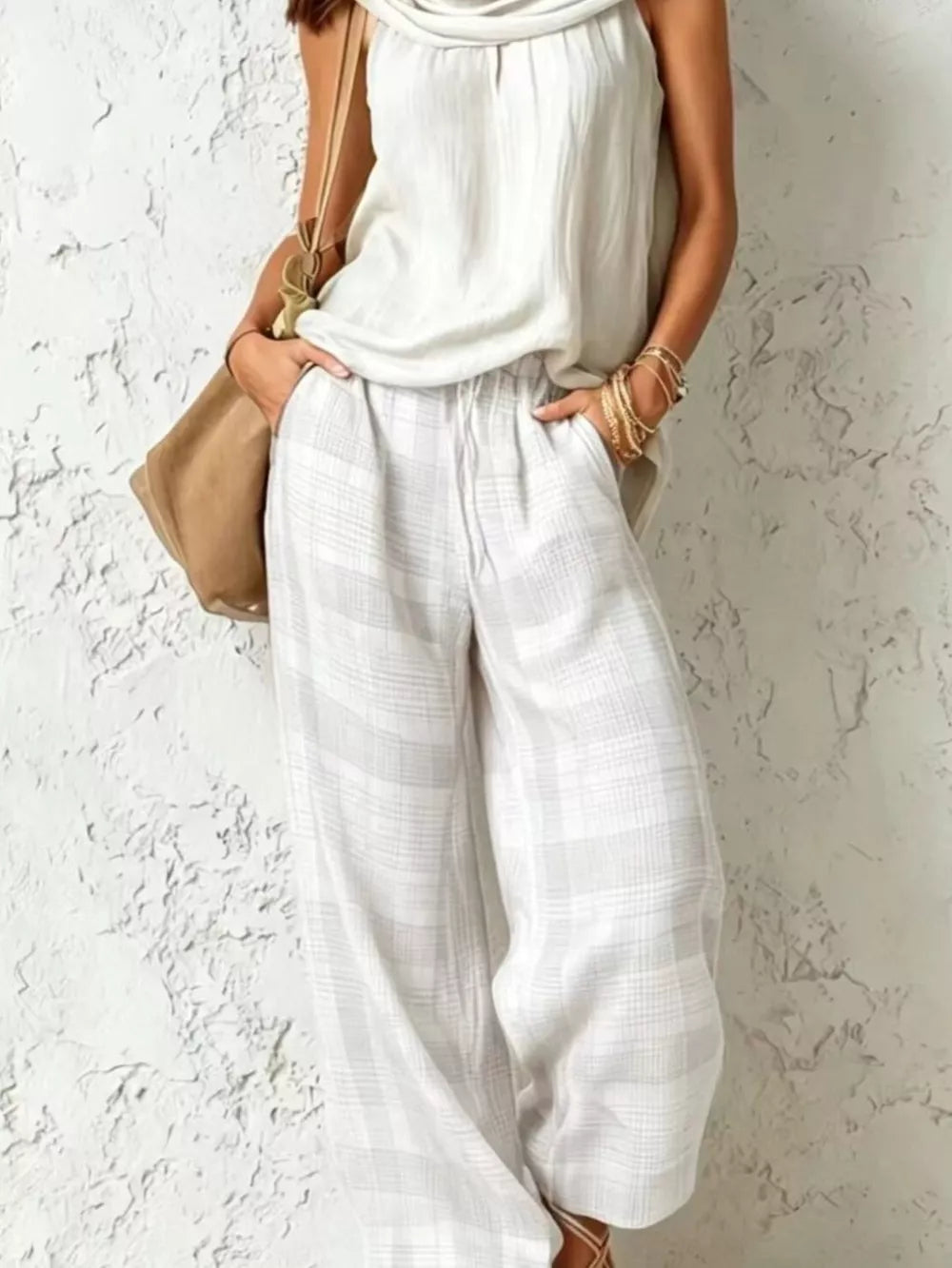 Sleeveless Cowl Neck Top & Plaid Wide-leg Pant Set in gray with drawstring