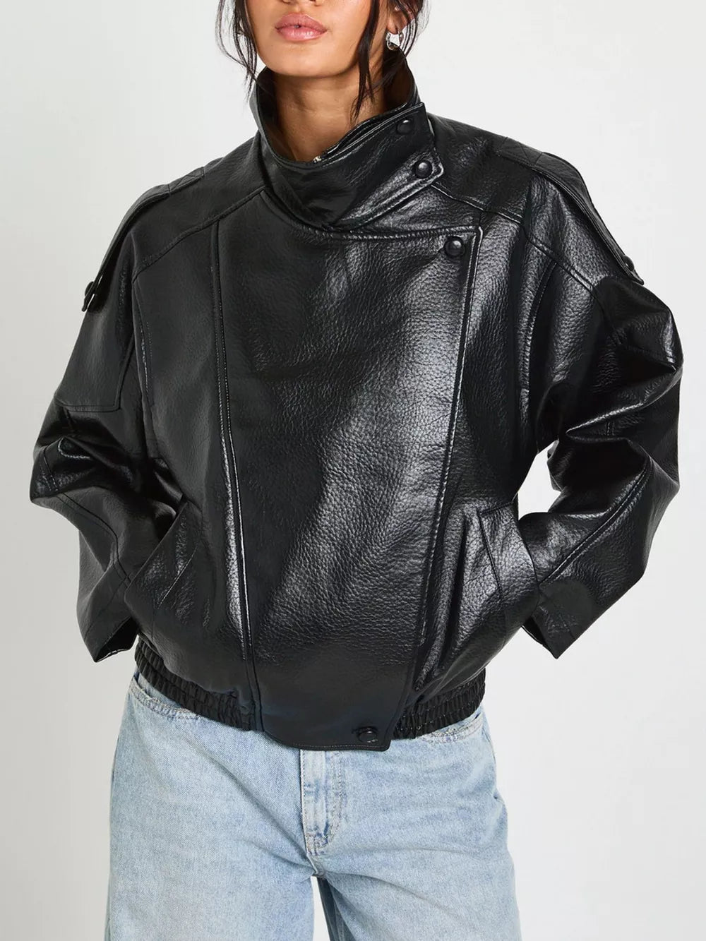 Black Faux Leather Moto Jacket With Asymmetrical Zip
