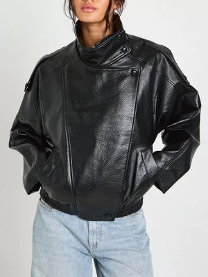 Black Faux Leather Moto Jacket With Asymmetrical Zip