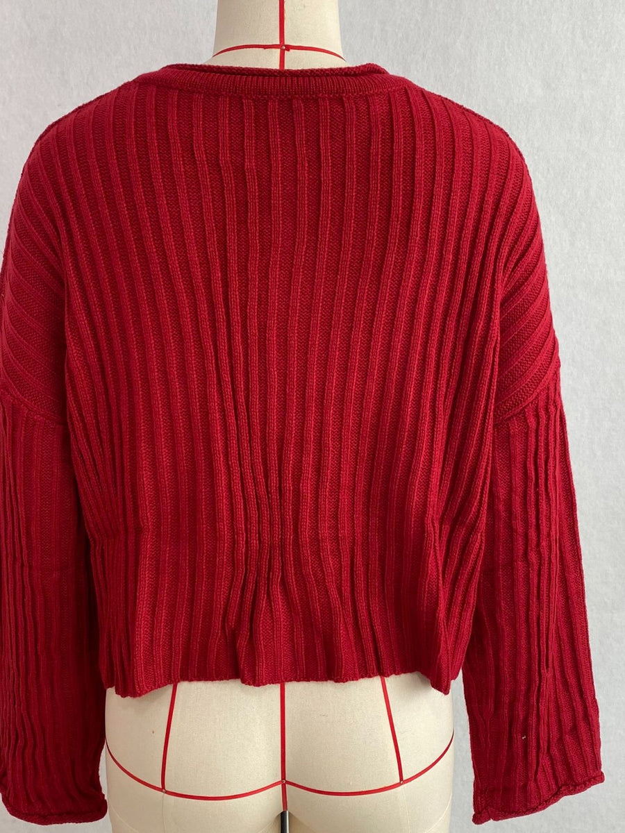 Ribbed Lace-Up Crop Sweater in Gray
