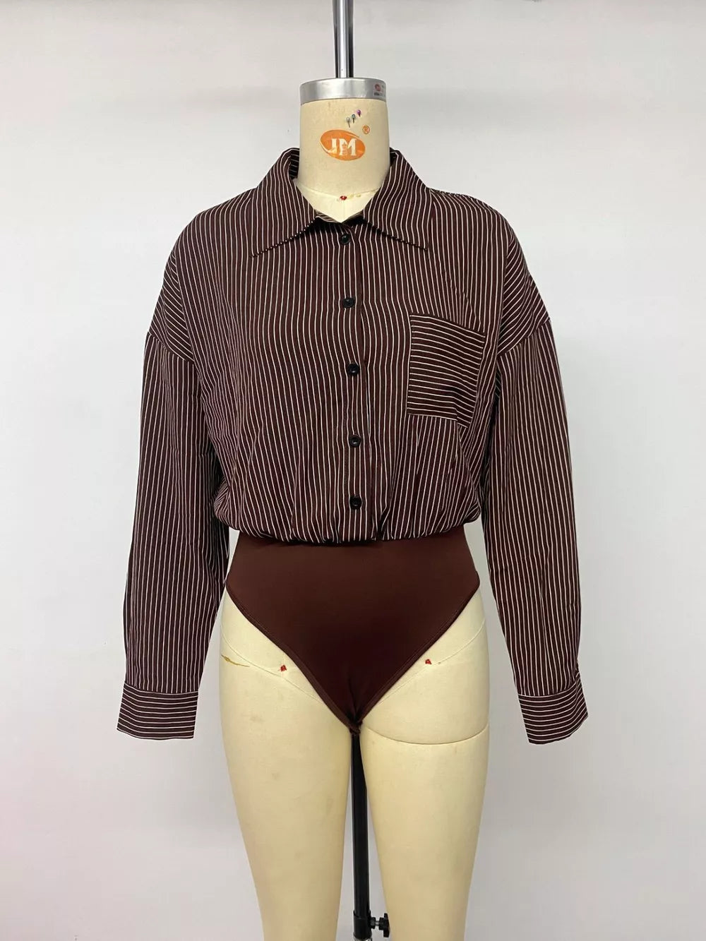 Striped Button-up Bodysuit in Brown, view 13