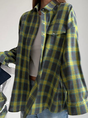 lime green button-down shirt featuring pocketed and plaid