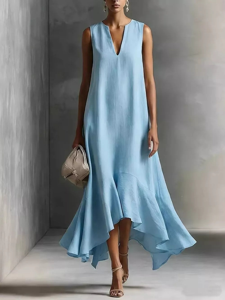 resort midi dress in White with notch neck