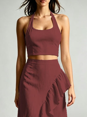Halter Neck Crop Top And High-Low Maxi Skirt Set in ivory with ruffled